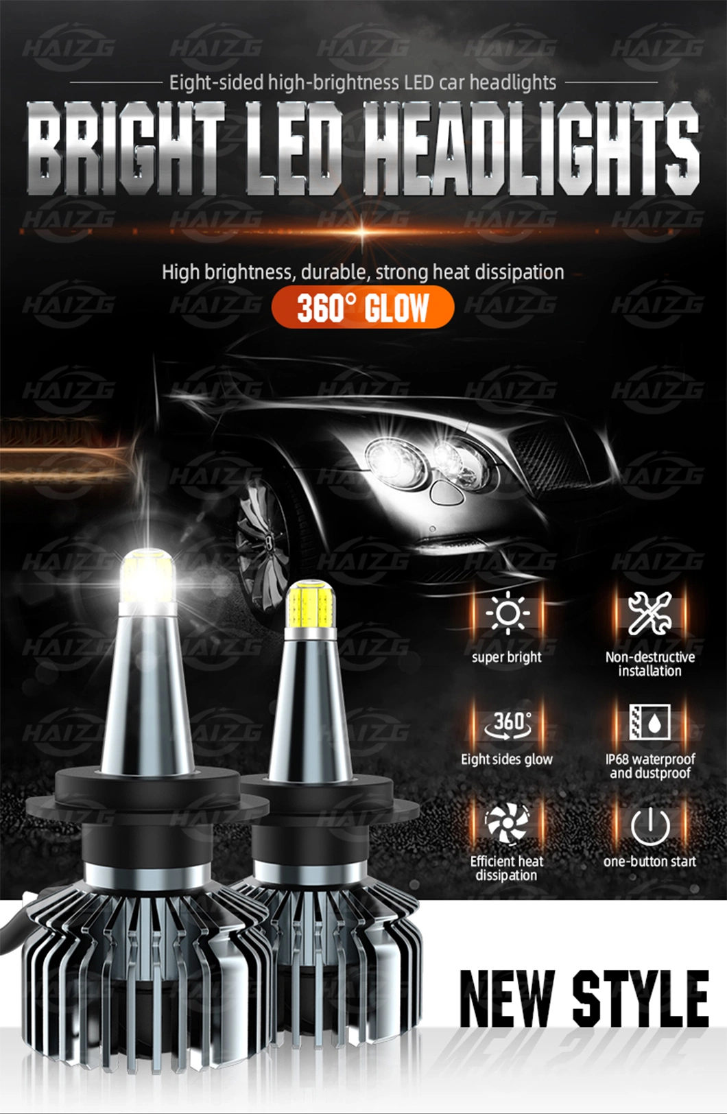 Haizg Factory Supply LED Headlight H4 H7 9 Sides Glow LED Headlamp Auto Lighting Accessories